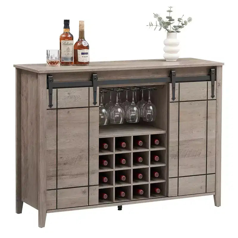 Farmhouse Sliding Barn Door Bar Cabinet with Wine & Glass Storage - 47 Sideboard Buffet & Coffee Station