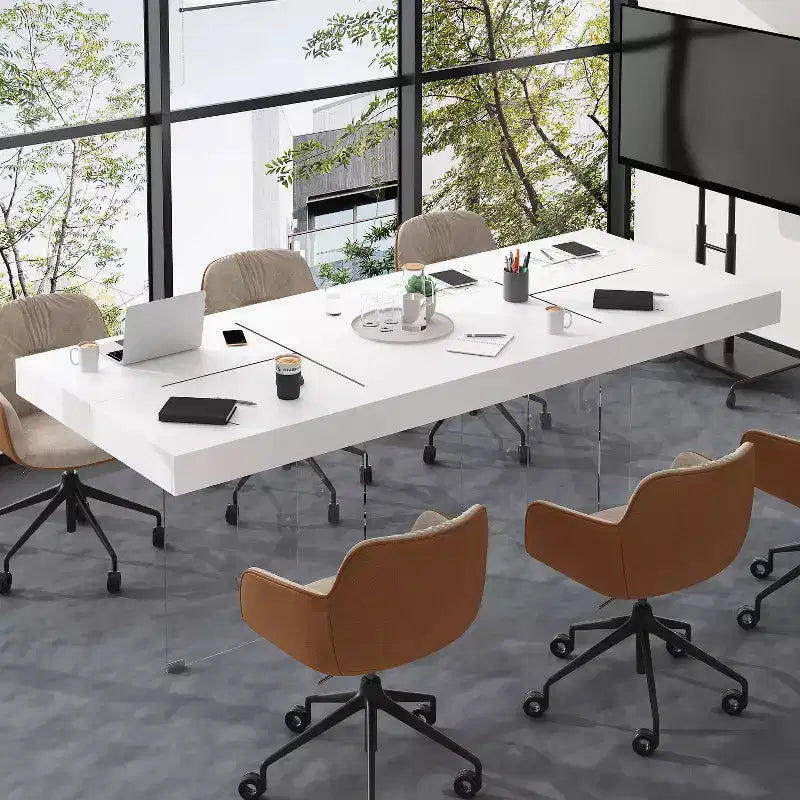 White Rectangular Dining Table & Conference Table with Tempered Glass Legs