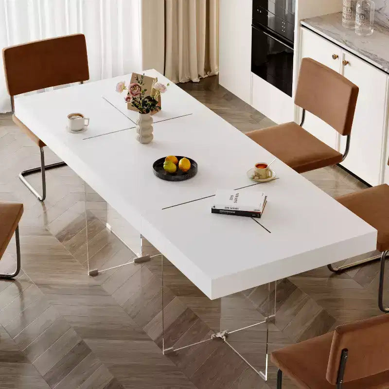 White Rectangular Dining Table & Conference Table with Tempered Glass Legs