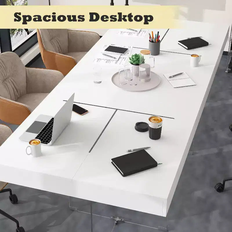 White Rectangular Dining Table & Conference Table with Tempered Glass Legs