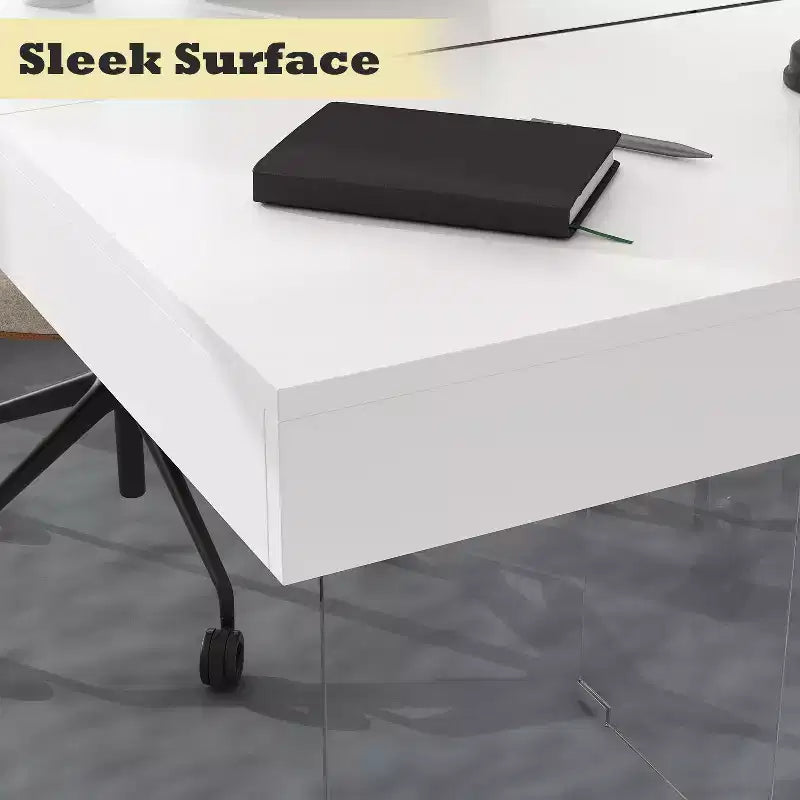 White Rectangular Dining Table & Conference Table with Tempered Glass Legs