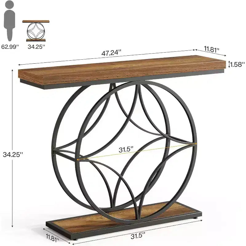 47-Inch Console Table, Industrial 2-Tier Sofa Table with Geometric Metal Frame for Living Room, Behind Couch, Small Spaces, Rustic Brown