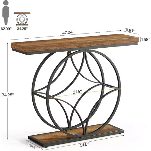 Tavolo Consolle da 120 cm, Tavolino da Divano Industriale a 2 Livelli con Struttura Geometrica in Metallo per Soggiorno, Dietro al Divano, Piccoli Spazi, Marrone Rustico