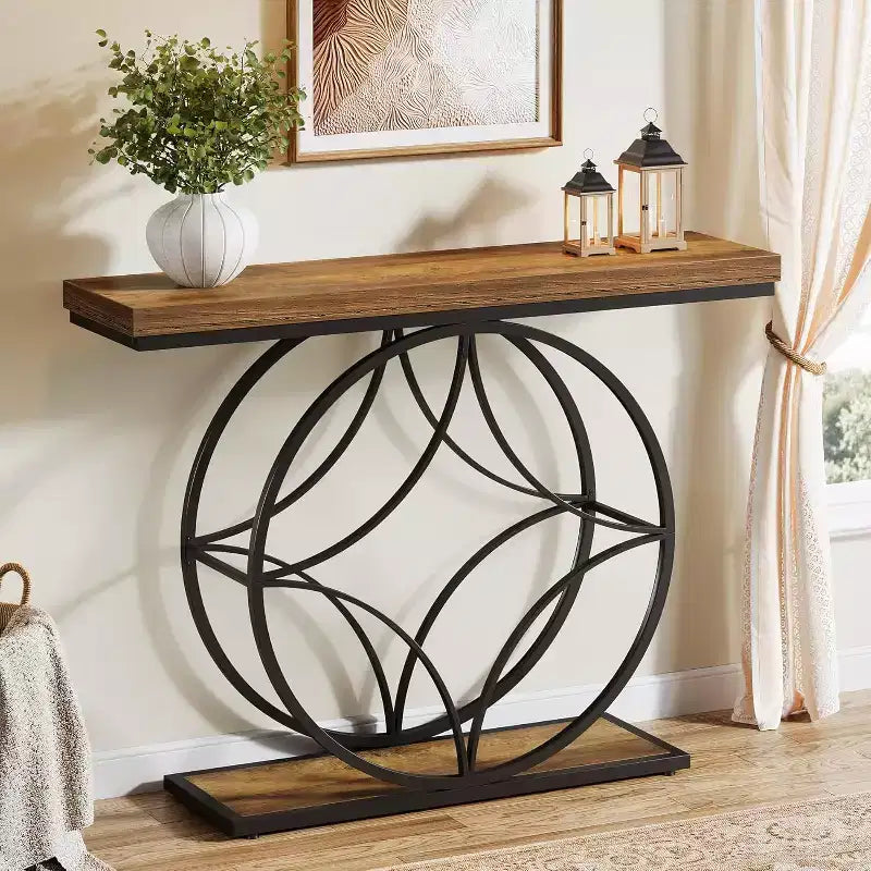 47-Inch Console Table, Industrial 2-Tier Sofa Table with Geometric Metal Frame for Living Room, Behind Couch, Small Spaces, Rustic Brown