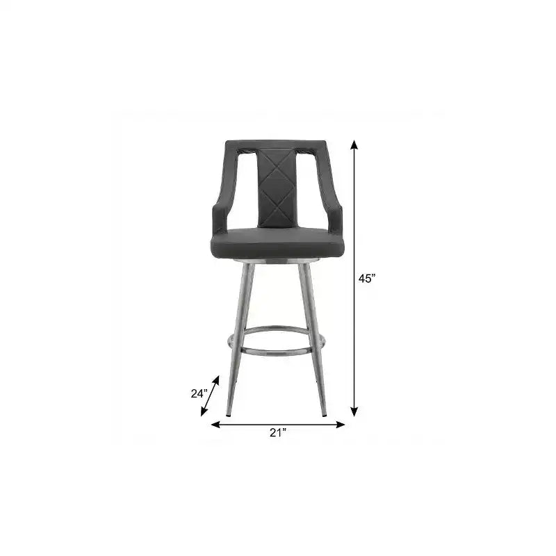 29 Gray And Silver Faux Leather And Iron Swivel Bar Height Bar Chair