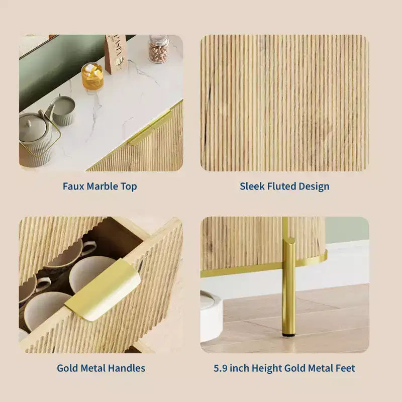 Sideboard Buffet Cabinet, 59in Modern Fluted Wood Console with 3 Drawers & Adjustable Shelf