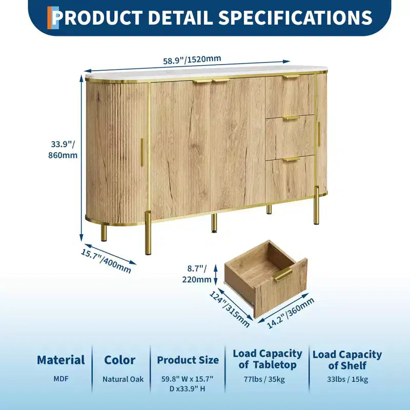 Sideboard Buffet Cabinet, 59in Modern Fluted Wood Console with 3 Drawers & Adjustable Shelf