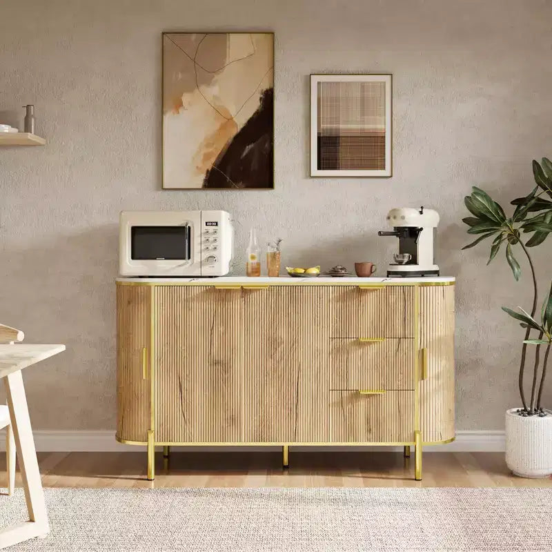 Sideboard Buffet Cabinet, 59in Modern Fluted Wood Console with 3 Drawers & Adjustable Shelf
