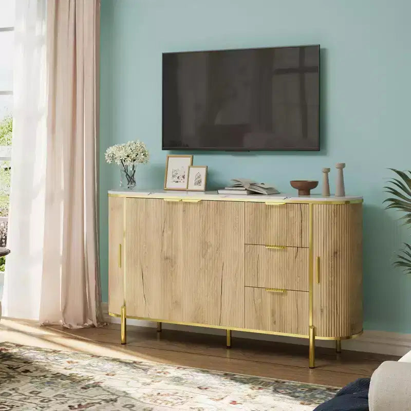 Sideboard Buffet Cabinet, 59in Modern Fluted Wood Console with 3 Drawers & Adjustable Shelf