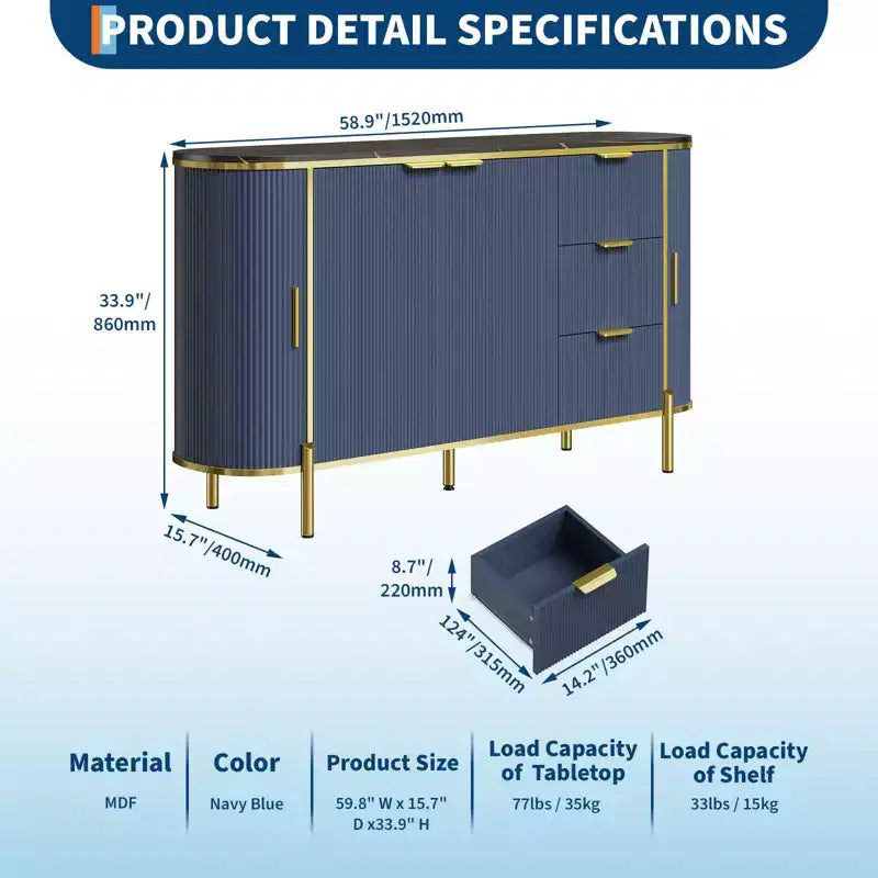 Sideboard Buffet Cabinet, 59in Modern Fluted Wood Console with 3 Drawers & Adjustable Shelf