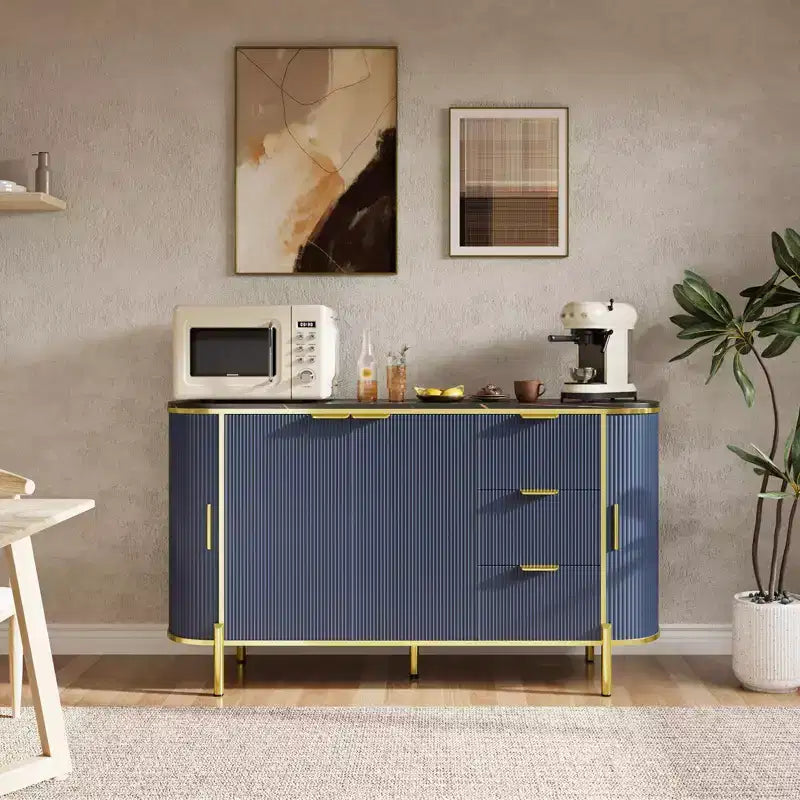 Sideboard Buffet Cabinet, 59in Modern Fluted Wood Console with 3 Drawers & Adjustable Shelf