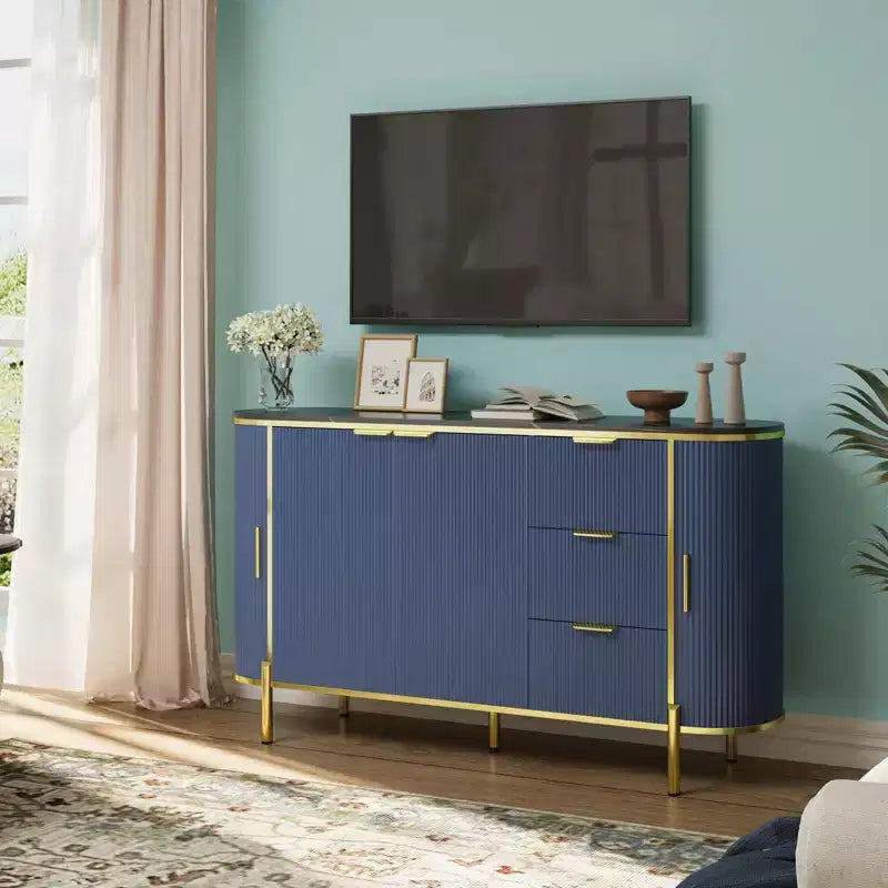 Sideboard Buffet Cabinet, 59in Modern Fluted Wood Console with 3 Drawers & Adjustable Shelf