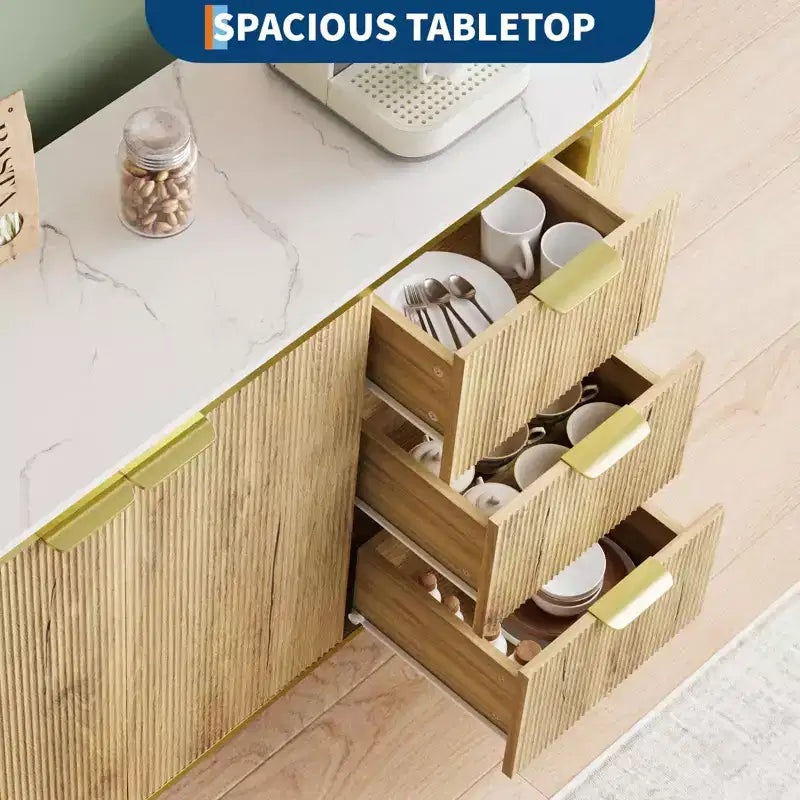 Sideboard Buffet Cabinet, 59in Modern Fluted Wood Console with 3 Drawers & Adjustable Shelf