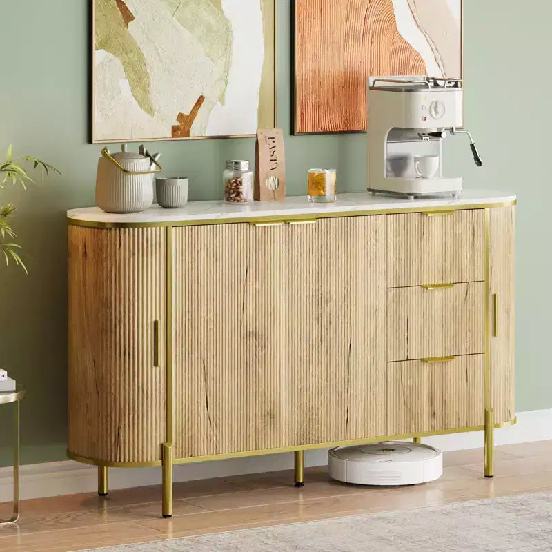 Sideboard Buffet Cabinet, 59in Modern Fluted Wood Console with 3 Drawers & Adjustable Shelf