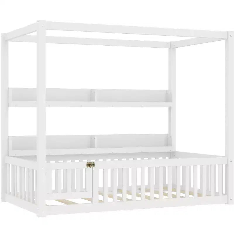 Twin/Full Size Canopy Bed with Shelves and Guardrails, Wood Floor Bed with Door for Kids
