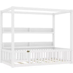 Himmelbett in Twin-/Full-Größe mit Regalen und Schutzgittern, Holzbodenbett mit Tür für Kinder