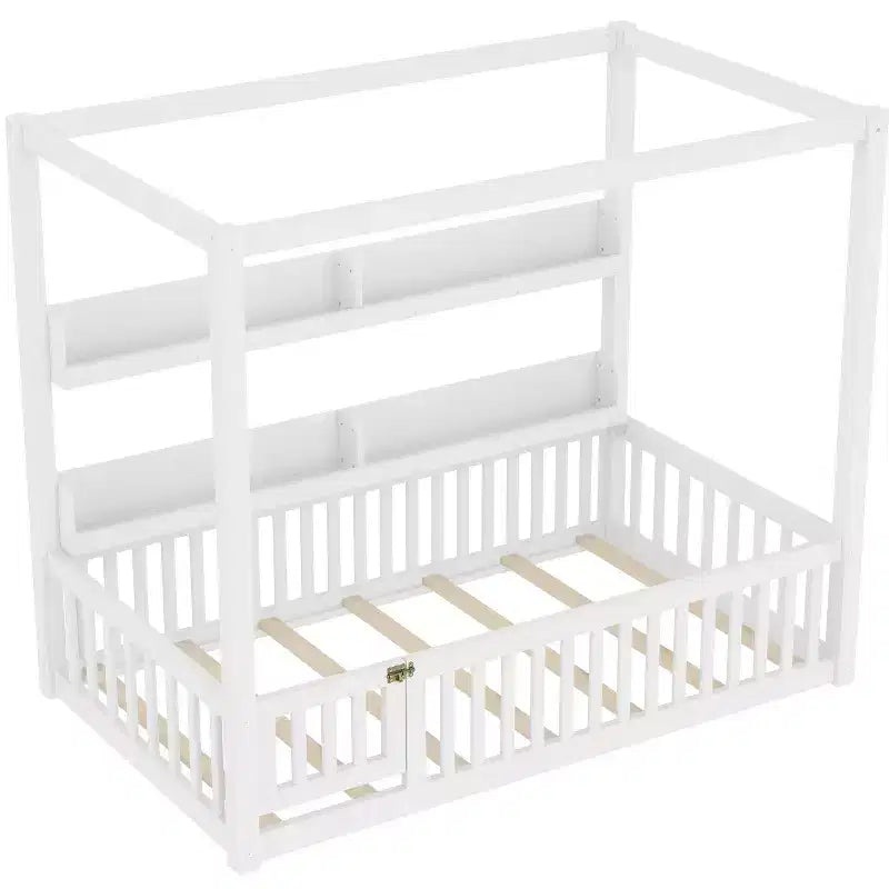 Twin/Full Size Canopy Bed with Shelves and Guardrails, Wood Floor Bed with Door for Kids