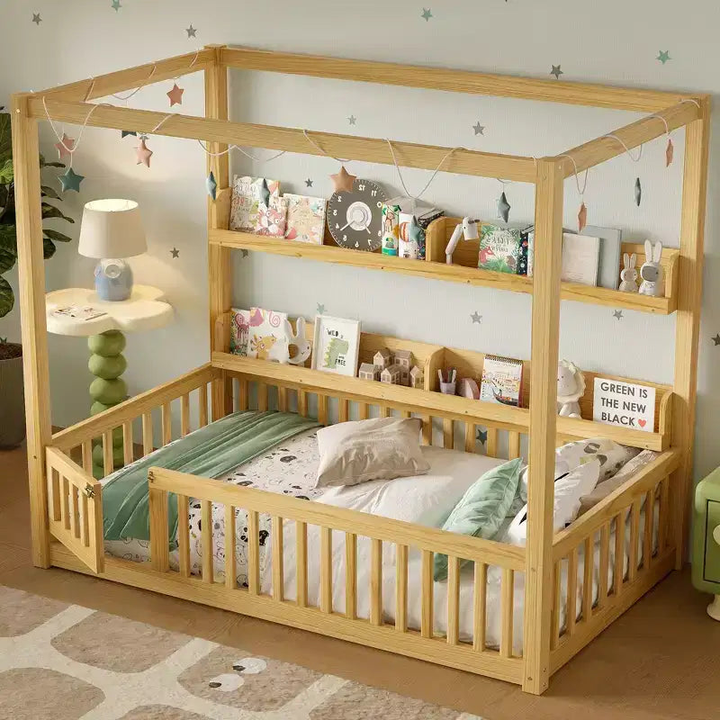 Twin/Full Size Canopy Bed with Shelves and Guardrails, Wood Floor Bed with Door for Kids