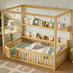 Himmelbett in Twin-/Full-Größe mit Regalen und Schutzgittern, Holzbodenbett mit Tür für Kinder