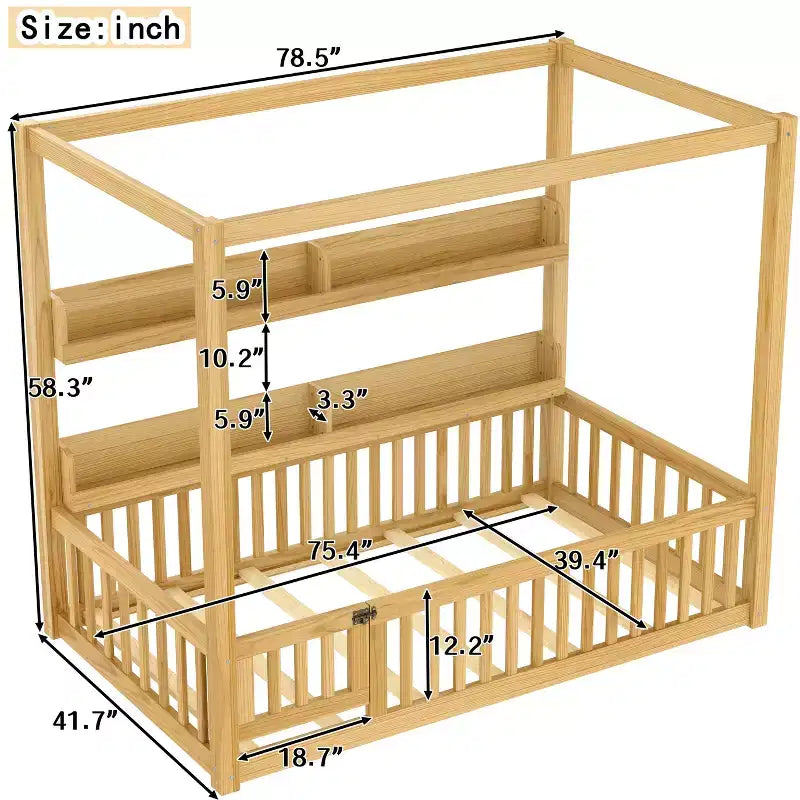 Twin/Full Size Canopy Bed with Shelves and Guardrails, Wood Floor Bed with Door for Kids