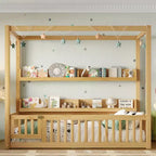 Himmelbett in Twin-/Full-Größe mit Regalen und Schutzgittern, Holzbodenbett mit Tür für Kinder