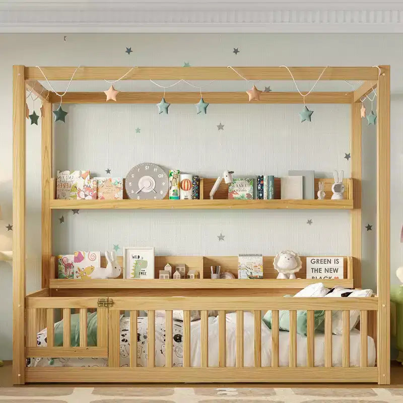 Twin/Full Size Canopy Bed with Shelves and Guardrails, Wood Floor Bed with Door for Kids