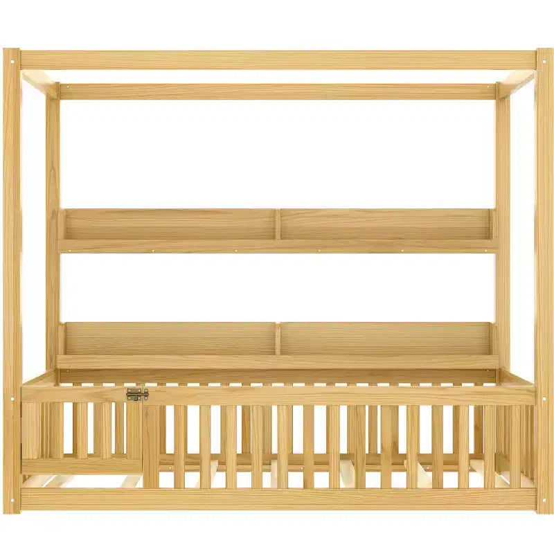 Twin/Full Size Canopy Bed with Shelves and Guardrails, Wood Floor Bed with Door for Kids
