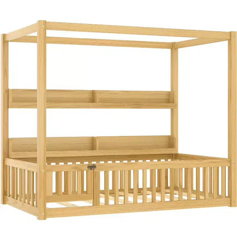 Twin/Full Size Canopy Bed with Shelves and Guardrails, Wood Floor Bed with Door for Kids