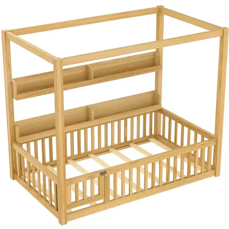 Twin/Full Size Canopy Bed with Shelves and Guardrails, Wood Floor Bed with Door for Kids