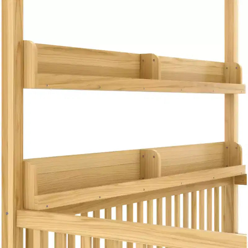 Twin/Full Size Canopy Bed with Shelves and Guardrails, Wood Floor Bed with Door for Kids