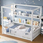 Himmelbett in Twin-/Full-Größe mit Regalen und Schutzgittern, Holzbodenbett mit Tür für Kinder