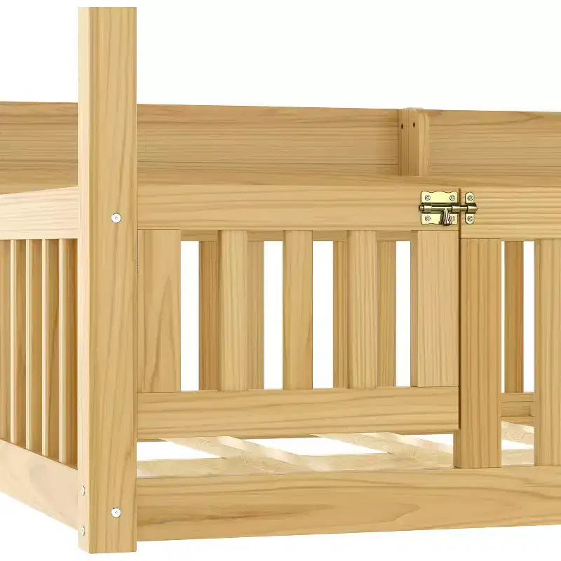 Twin/Full Size Canopy Bed with Shelves and Guardrails, Wood Floor Bed with Door for Kids