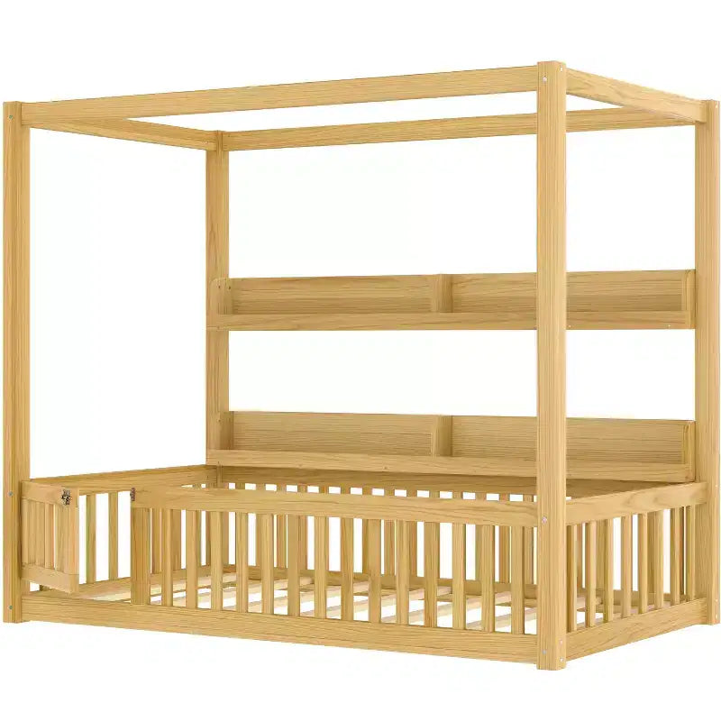 Twin/Full Size Canopy Bed with Shelves and Guardrails, Wood Floor Bed with Door for Kids