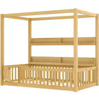 Himmelbett in Twin-/Full-Größe mit Regalen und Schutzgittern, Holzbodenbett mit Tür für Kinder