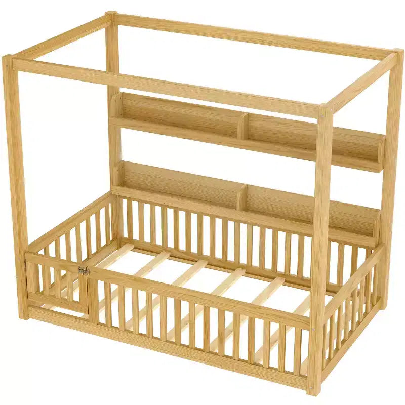 Twin/Full Size Canopy Bed with Shelves and Guardrails, Wood Floor Bed with Door for Kids