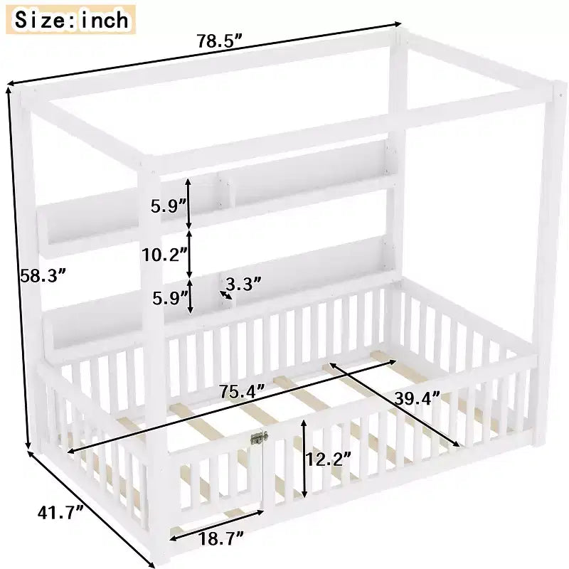Twin/Full Size Canopy Bed with Shelves and Guardrails, Wood Floor Bed with Door for Kids