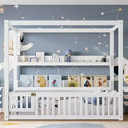 Himmelbett in Twin-/Full-Größe mit Regalen und Schutzgittern, Holzbodenbett mit Tür für Kinder