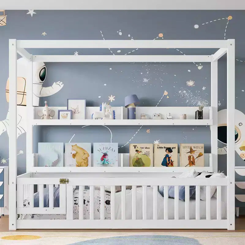 Twin/Full Size Canopy Bed with Shelves and Guardrails, Wood Floor Bed with Door for Kids