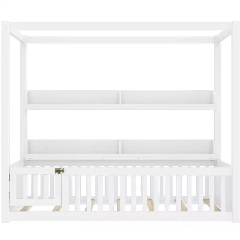 Twin/Full Size Canopy Bed with Shelves and Guardrails, Wood Floor Bed with Door for Kids