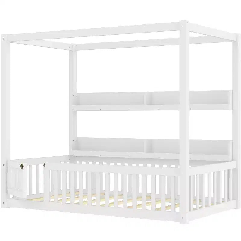 Twin/Full Size Canopy Bed with Shelves and Guardrails, Wood Floor Bed with Door for Kids