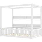 Himmelbett in Twin-/Full-Größe mit Regalen und Schutzgittern, Holzbodenbett mit Tür für Kinder