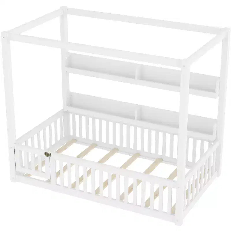 Twin/Full Size Canopy Bed with Shelves and Guardrails, Wood Floor Bed with Door for Kids
