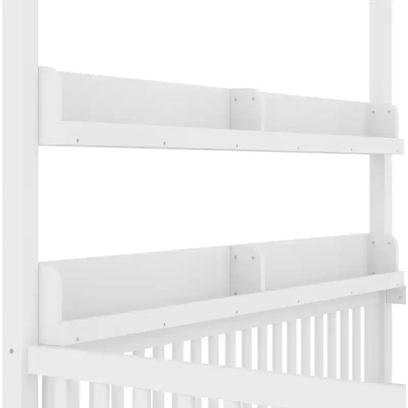 Twin/Full Size Canopy Bed with Shelves and Guardrails, Wood Floor Bed with Door for Kids