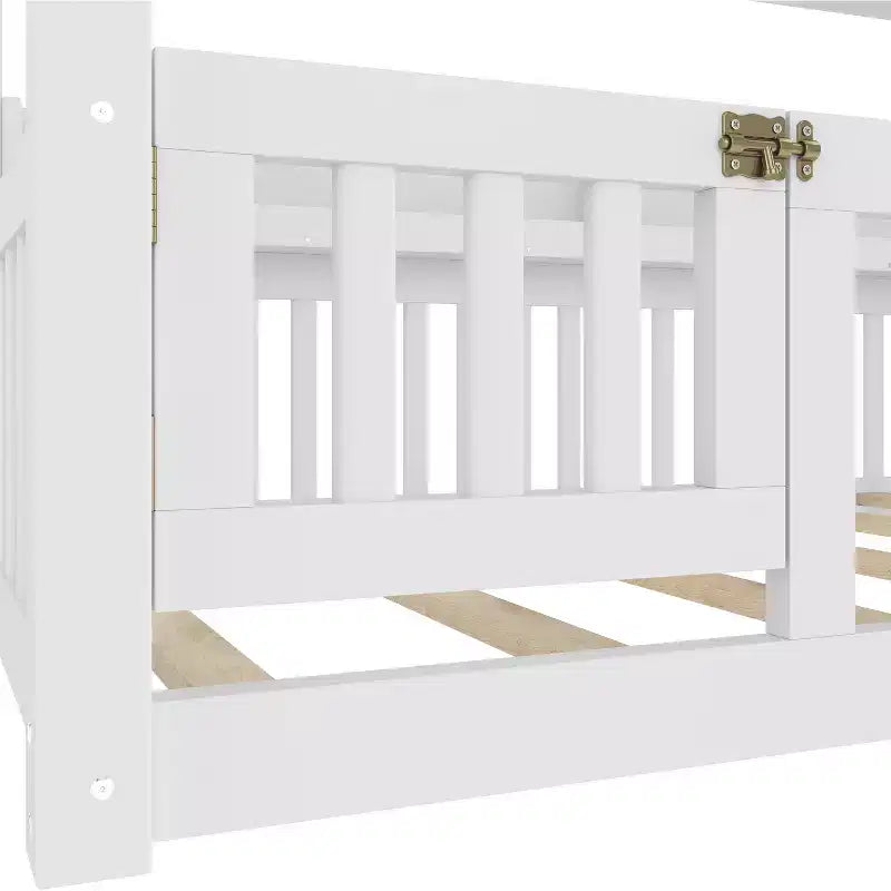 Twin/Full Size Canopy Bed with Shelves and Guardrails, Wood Floor Bed with Door for Kids