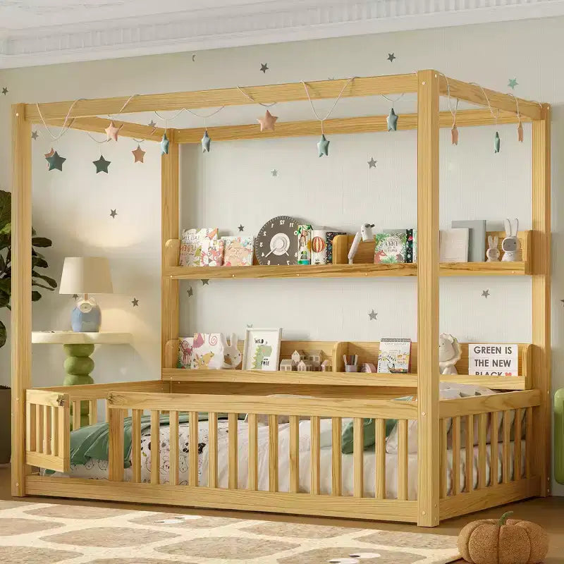 Twin/Full Size Canopy Bed with Shelves and Guardrails, Wood Floor Bed with Door for Kids