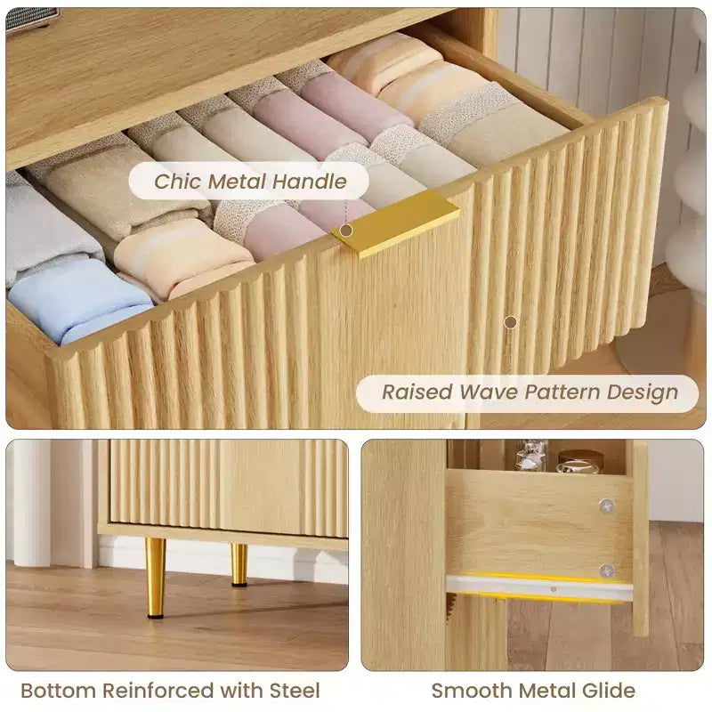 Fluted Dresser for Bedroom Modern Chest of Drawers with Metal Handle, Wooden Closet Clothes Storage Organizer