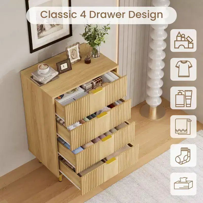 Fluted Dresser for Bedroom Modern Chest of Drawers with Metal Handle, Wooden Closet Clothes Storage Organizer