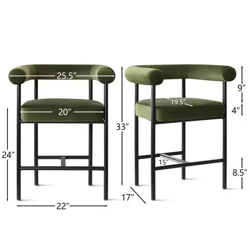 Set of 3 Luxury Velvet Counter Stools with Arms, 24 Wide Seat Modern Bar Chairs for Large Kitchen Island