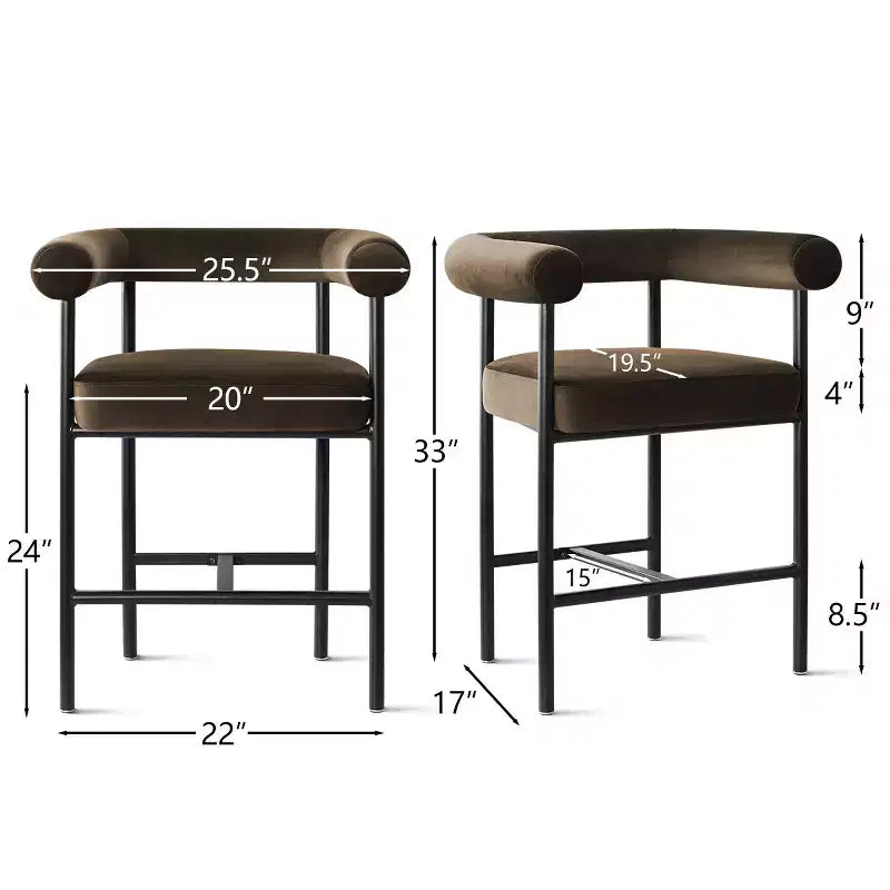 Set of 3 Luxury Velvet Counter Stools with Arms, 24 Wide Seat Modern Bar Chairs for Large Kitchen Island