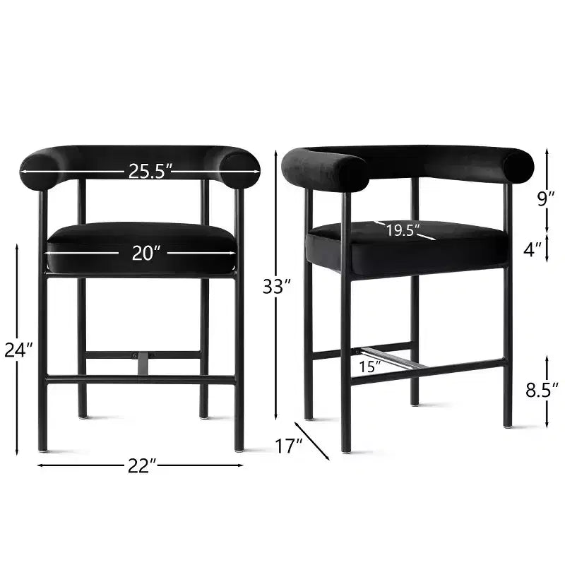 Set of 3 Luxury Velvet Counter Stools with Arms, 24 Wide Seat Modern Bar Chairs for Large Kitchen Island